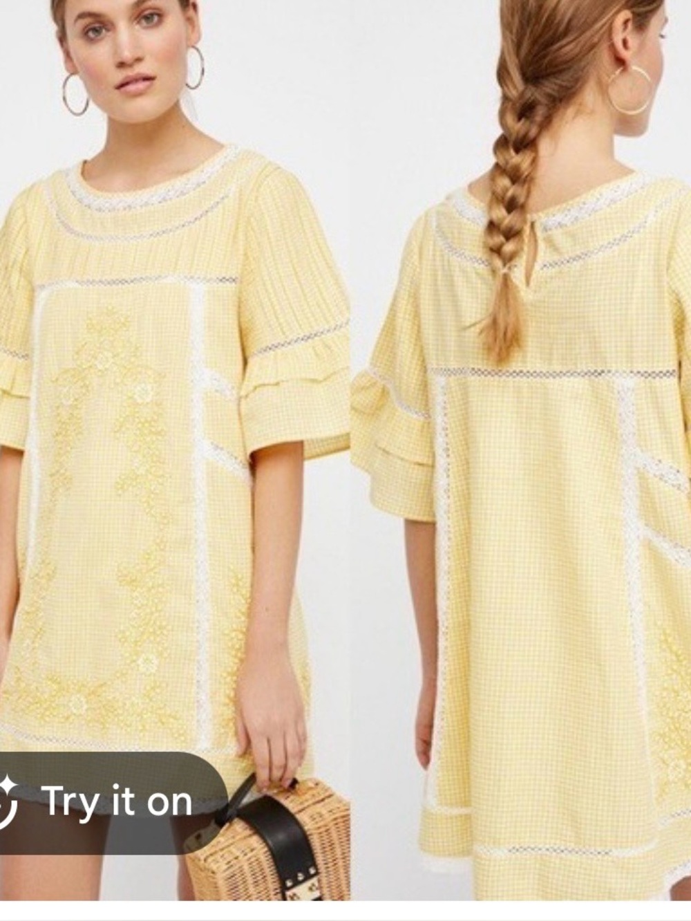 Free People Yellow Embroidered Peasant Tunic with Pockets